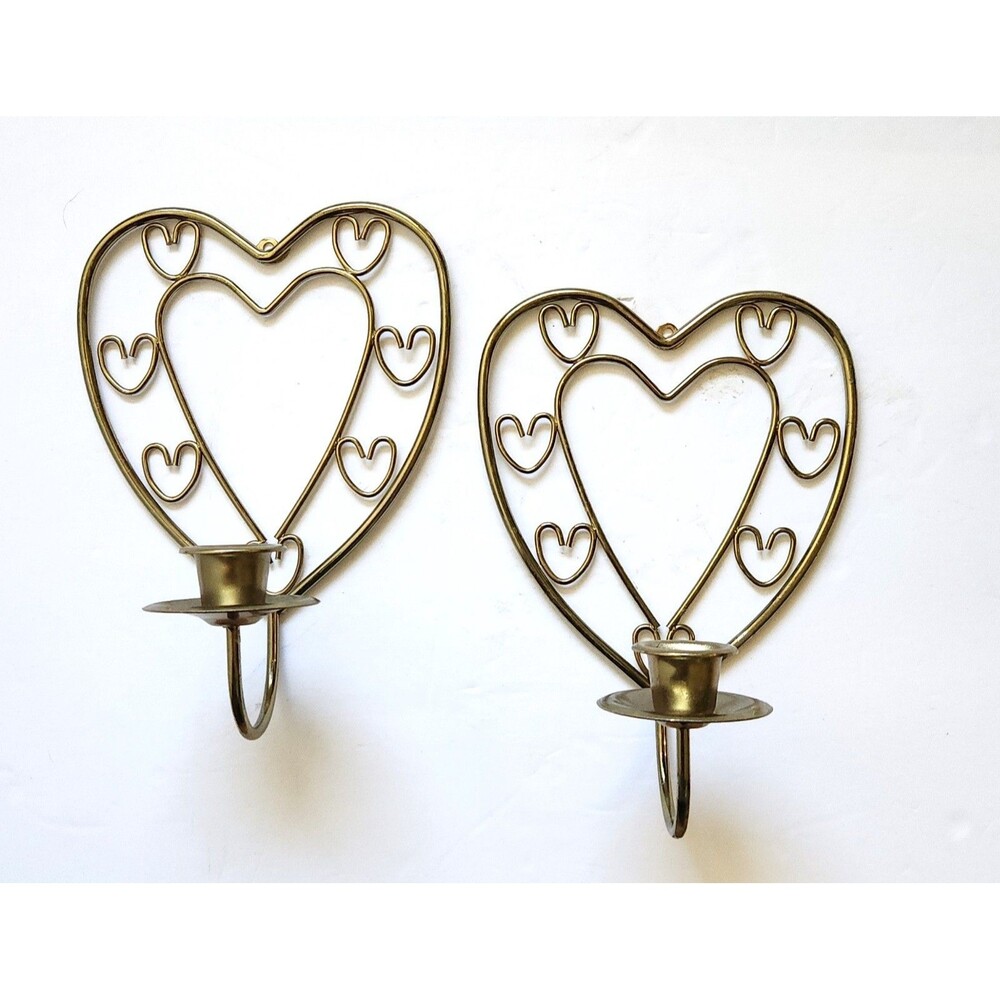 Vtg Heart Shaped Candle Holders Wall Sconces Brass Color Metal Cottage Romantic